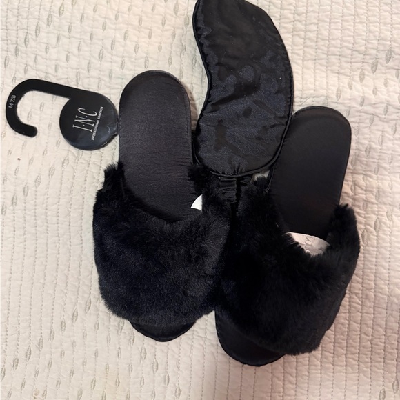 INC Black Faux Fur Slippers and Sleep Mask Set - Picture 2 of 4